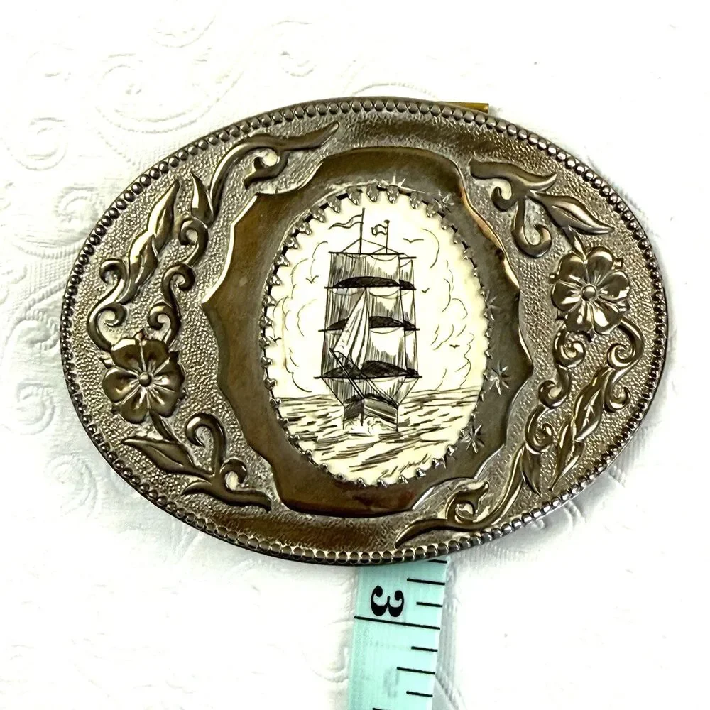 Vintage Sailing Ship Scrimshaw Belt Buckle Silver Metal Bone Floral